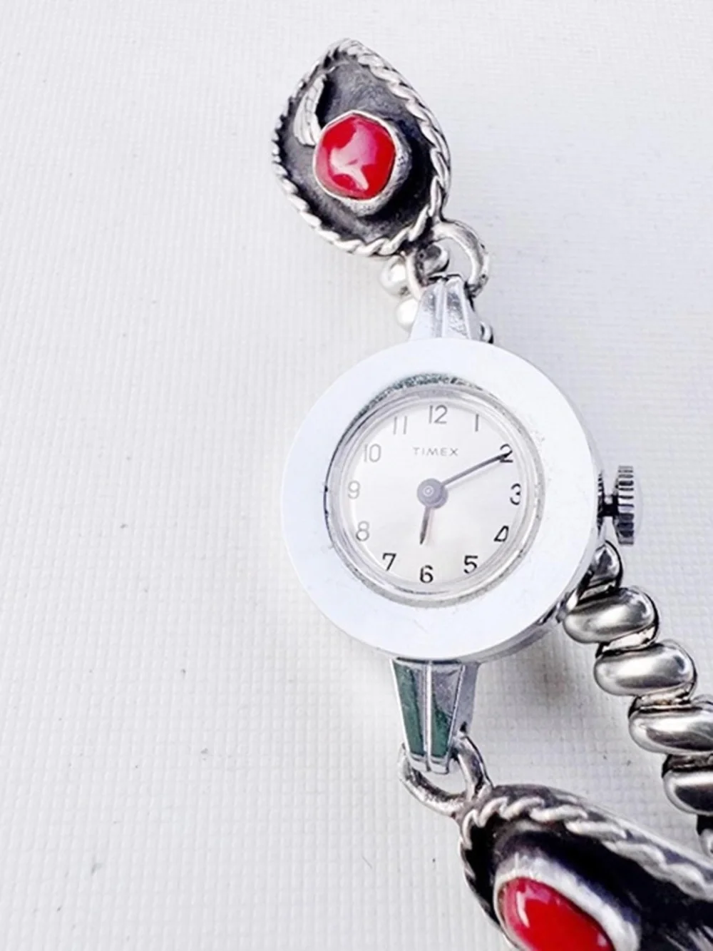 Vintage Timex Ladies Mechanical Watch Running 22mm 925 Sterling Silver Coral